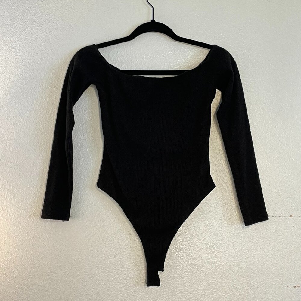 Black Off-Shoulder Ribbed Long Sleeve Bodysuit with Snap Closure